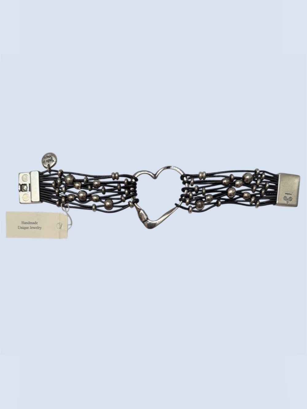 Trades by Haim Shahar Handmade Silver Heart Strappy Spanish Leather Bracelet - Picture 3 of 5